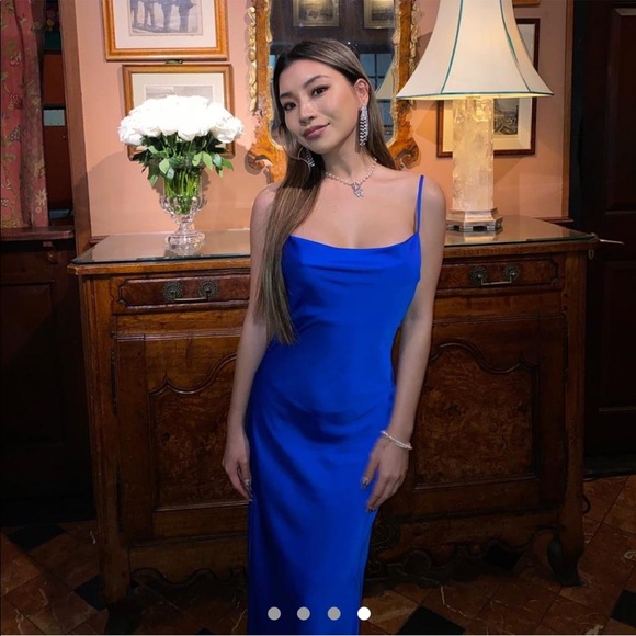 Express Conscious Edit Satin Cowl Neck Asymmetrical Hem Maxi Slip Dress - Picture 3 of 12